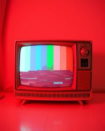 A surreal, retro-styled image showcasing a TV screen overwhelmed by RGB-separated glitch static, rendered in infrared tones. 
