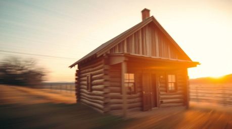 A captivating photograph showcases an old wooden cabin in motion during a vibrant sunset.  Blurred lines create a sense of mo