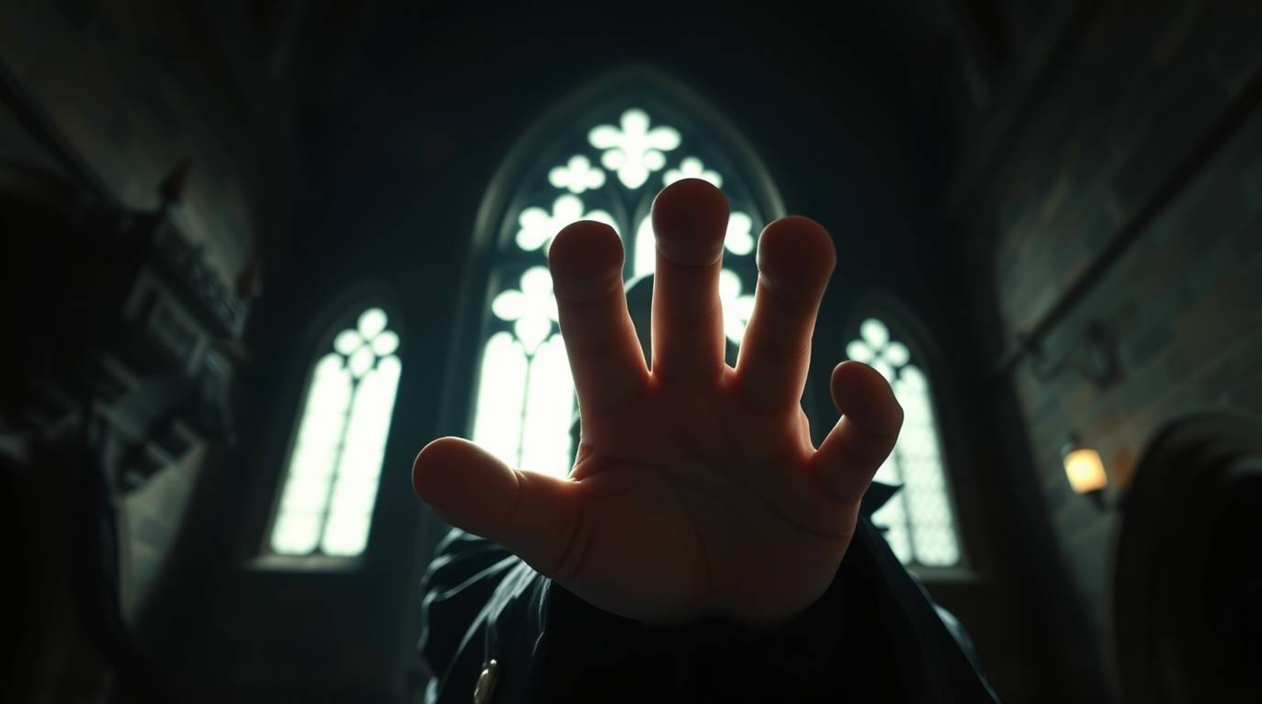 An extreme macro close-up shot focused on the spellcasting hand of a classic Disney villain within an aged castle setting. I