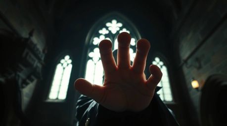 An extreme macro close-up shot focused on the spellcasting hand of a classic Disney villain within an aged castle setting. I