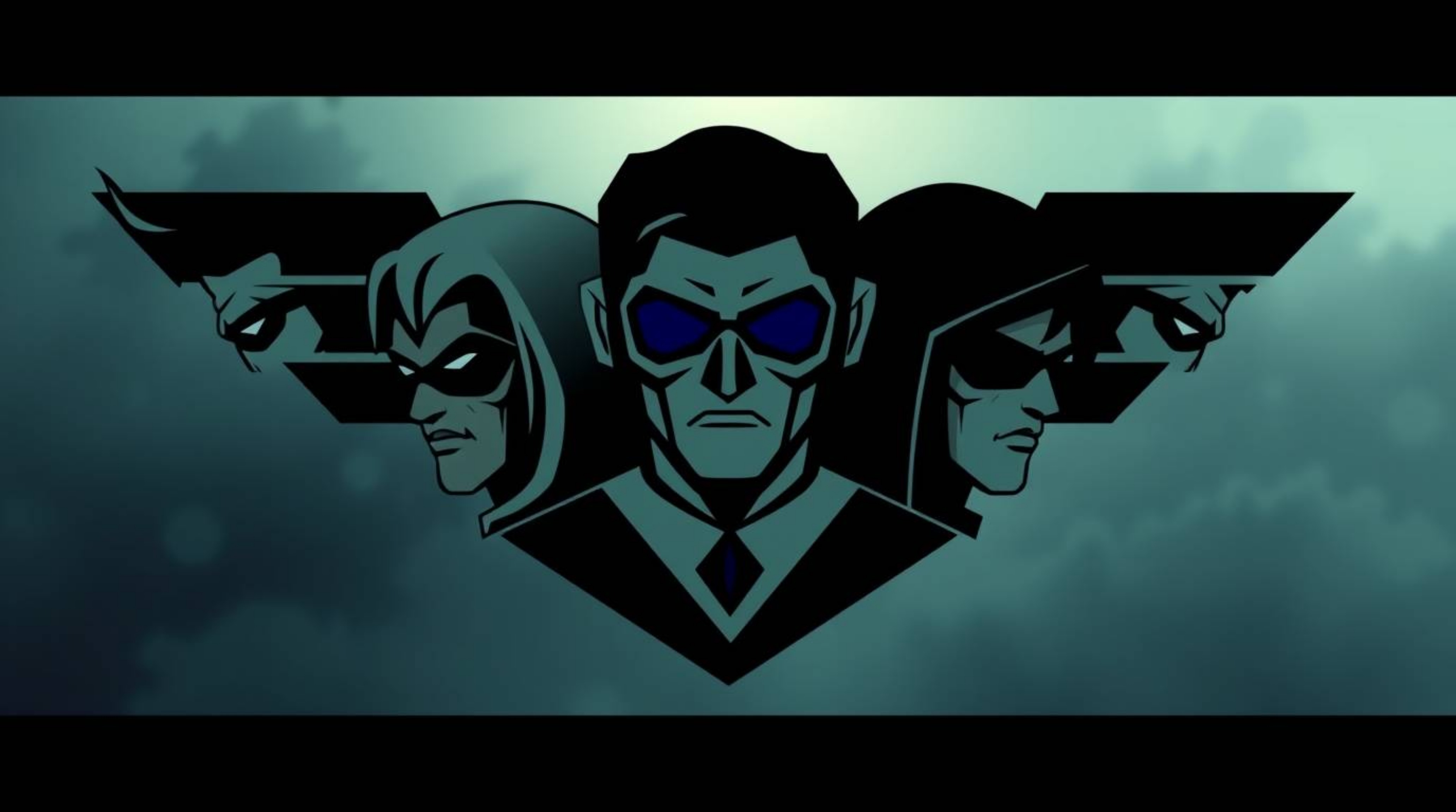A visually striking cinematic logo design featuring a team of misfit heroes represented through clean geometric shapes and li
