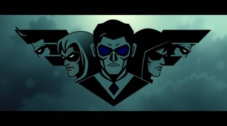 A visually striking cinematic logo design featuring a team of misfit heroes represented through clean geometric shapes and li