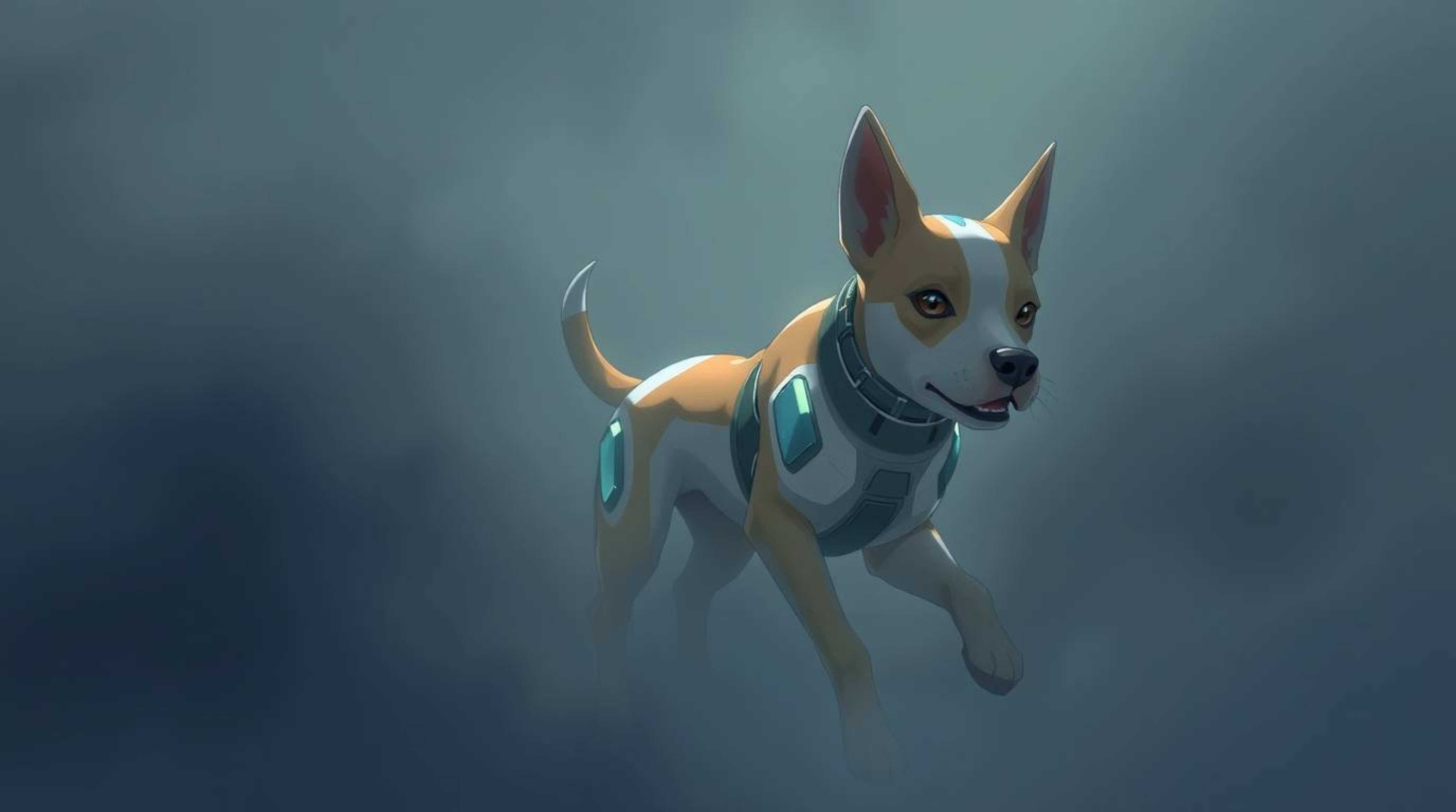 A futuristic dog, rendered in the style of Isekai anime, navigates a thick fog in the vastness of space. The image emphasizes