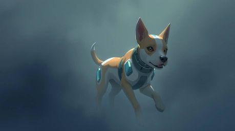 A futuristic dog, rendered in the style of Isekai anime, navigates a thick fog in the vastness of space. The image emphasizes