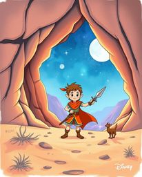 Embark on a mystic desert adventure with a hand-drawn, Disney-style hero. This color sketchnote captures an adorable and brav
