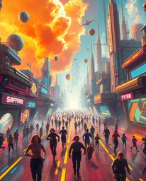 A vibrant and chaotic scene depicts a futuristic sci-fi city engulfed in flames, forcing its inhabitants to flee amidst advan