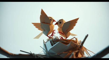 Witness the captivating creation of a bird's nest in this classic animation short. Two charming cartoon birds meticulously b