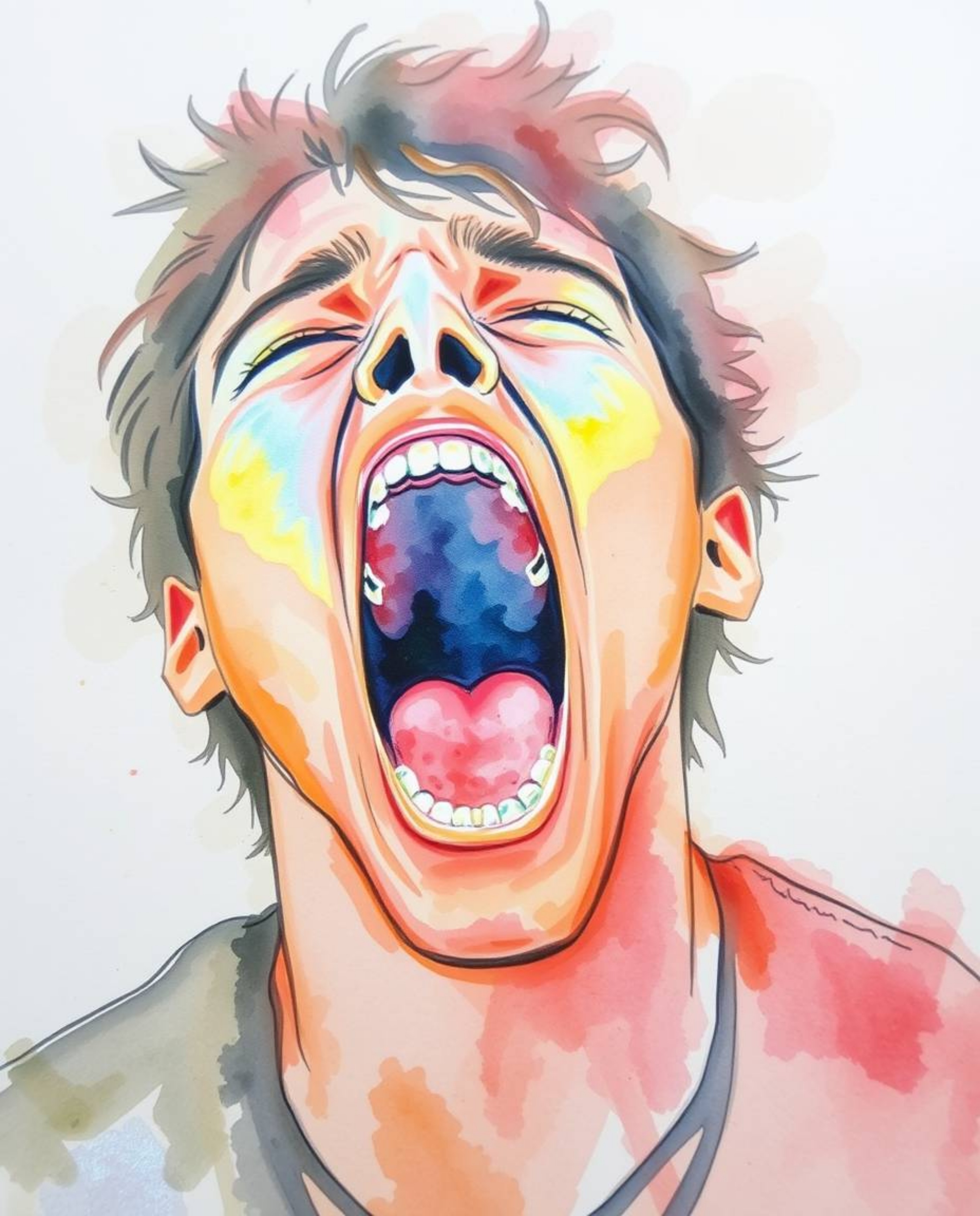 An iridescent watercolor painting depicts a person screaming, rendered with translucent washes and fluid brushstrokes. The su