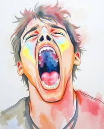 An iridescent watercolor painting depicts a person screaming, rendered with translucent washes and fluid brushstrokes. The su