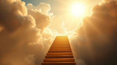 A breathtaking image depicts a golden staircase ascending through ethereal clouds into a radiant heaven. Sunlight pierces the