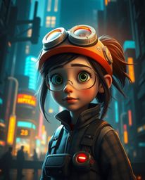 A young inventor girl navigates a breathtaking futuristic city, brought to life with intense dramatic lighting and high contr