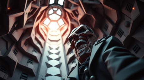Witness a hilarious meltdown from a villain in a stunning, intricately designed origami high-tech lair. This unique scene fea