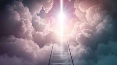 A captivating surreal image depicts a stairway winding through ethereal smoky clouds towards a radiant celestial light. This 