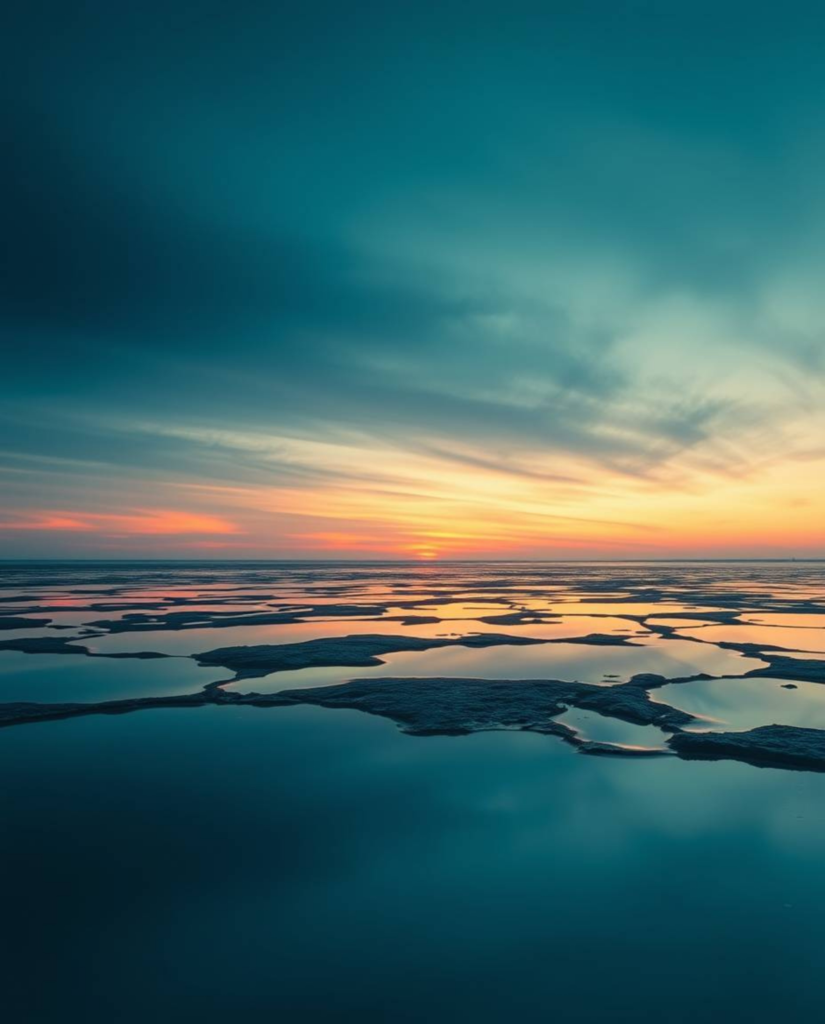 A cool-toned, professional photograph, evocative of Associated Press editorial photography, showcases a sunset sky mirrored i