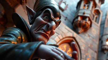 A captivating high-angle shot showcases a meticulously sculpted clay figure of a classic Disney villain, casting a spell with