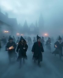 Capture the mystical allure of a magical school teeming with young wizards through a long-exposure photograph.  The scene is 