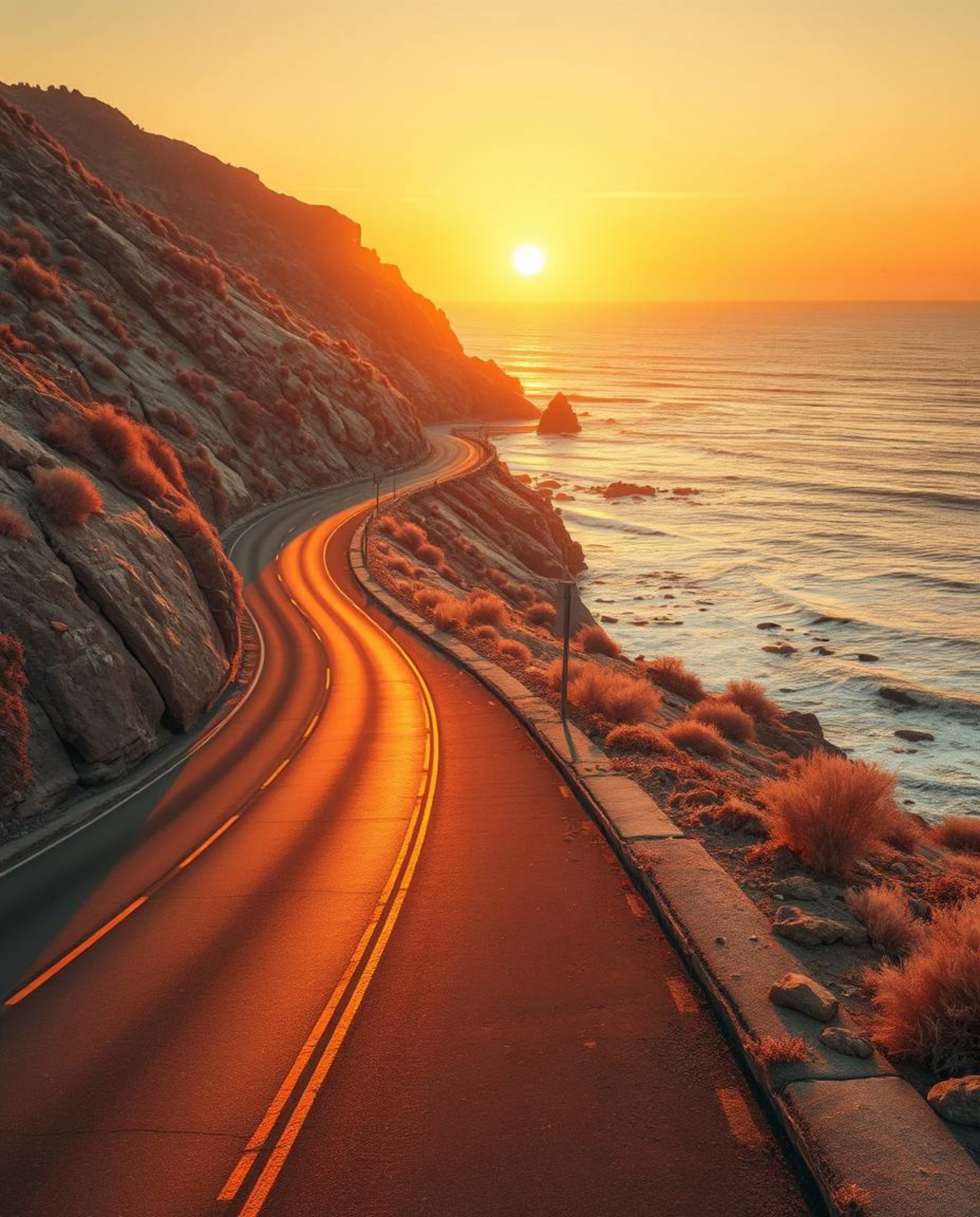 This surreal infrared photograph captures a winding coastal highway at sunset, lending it a uniquely otherworldly appearance.