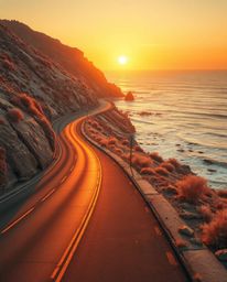 This surreal infrared photograph captures a winding coastal highway at sunset, lending it a uniquely otherworldly appearance.