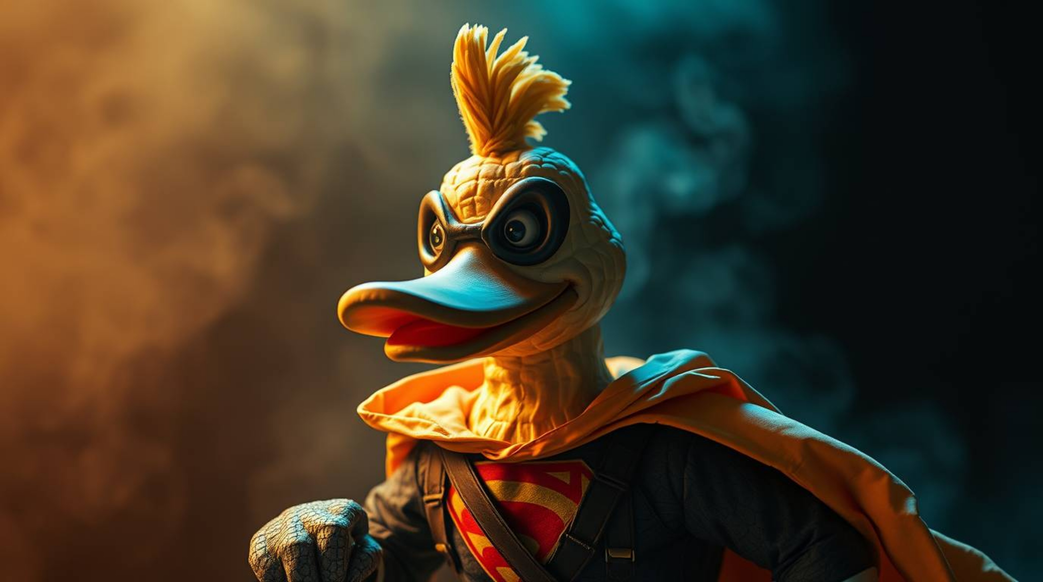 Explore a volumetrically lit, dramatic cinematic style image featuring a sculpted papier-mâché duck superhero in a zany costu