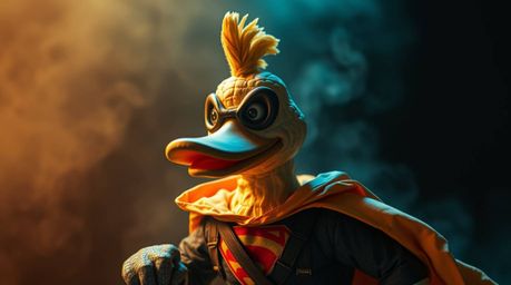 Explore a volumetrically lit, dramatic cinematic style image featuring a sculpted papier-mâché duck superhero in a zany costu