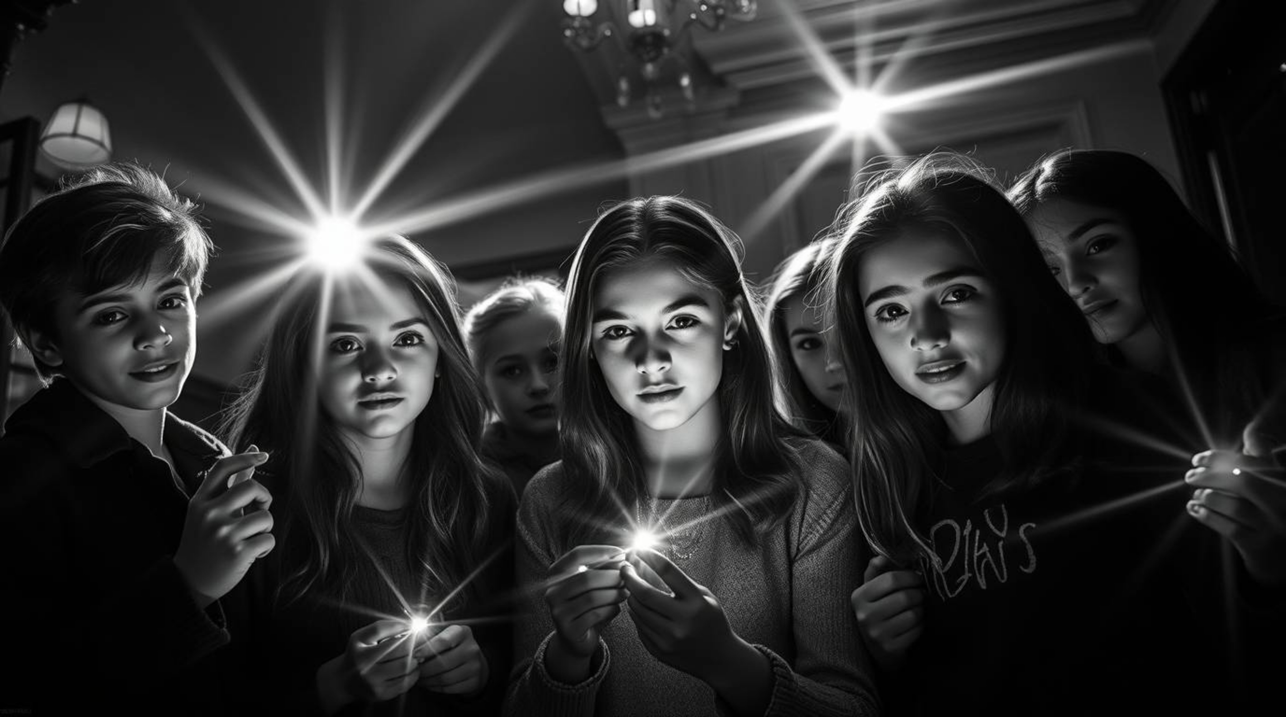 Dive into a world of classic black and white photography featuring bright lens flares, as a group of teenagers with diverse f