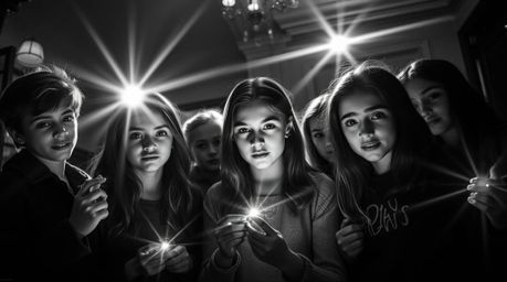 Dive into a world of classic black and white photography featuring bright lens flares, as a group of teenagers with diverse f