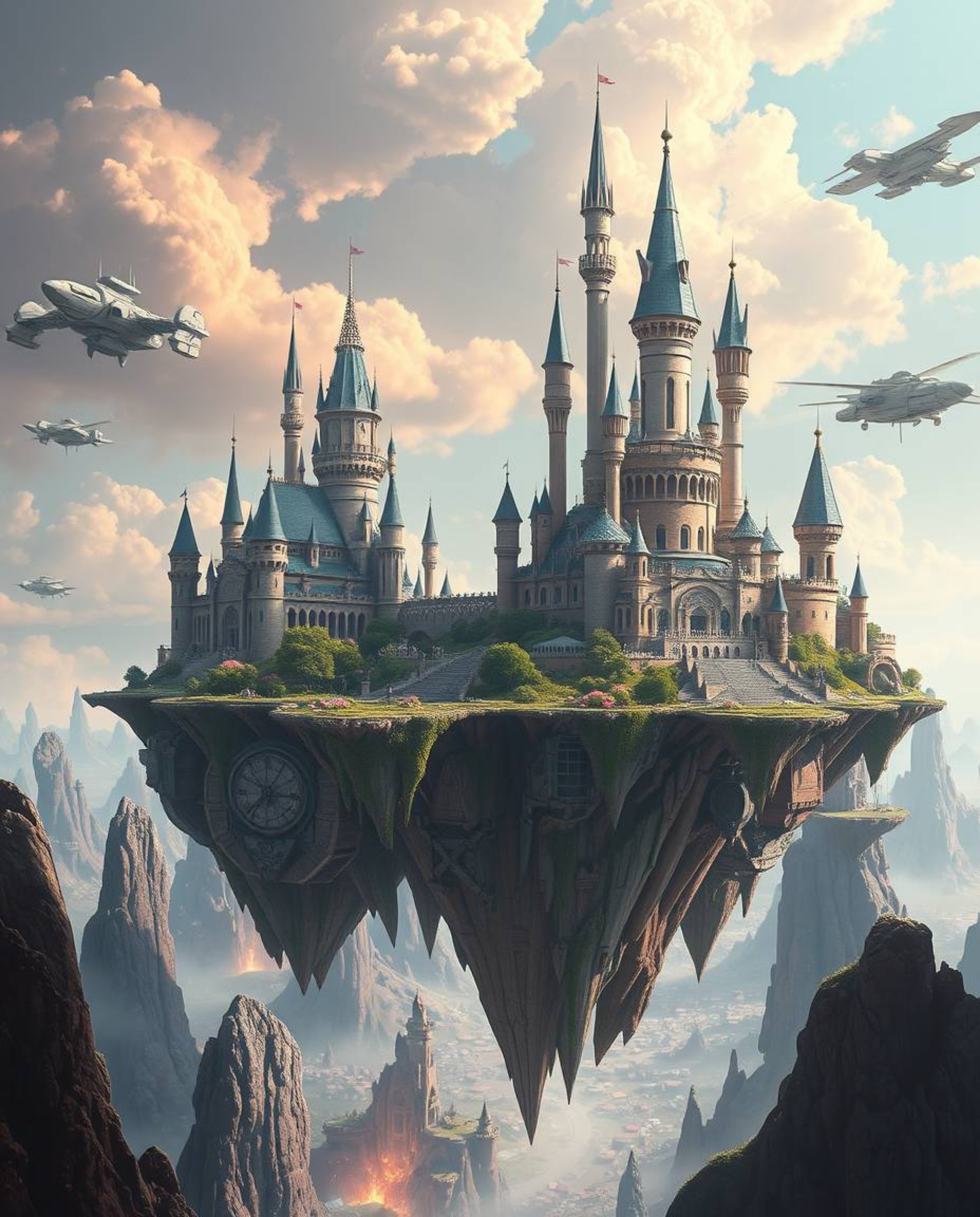 Immerse yourself in a vibrant, cinematic depiction of a colorful kingdom featuring floating islands and majestic castles. Thi