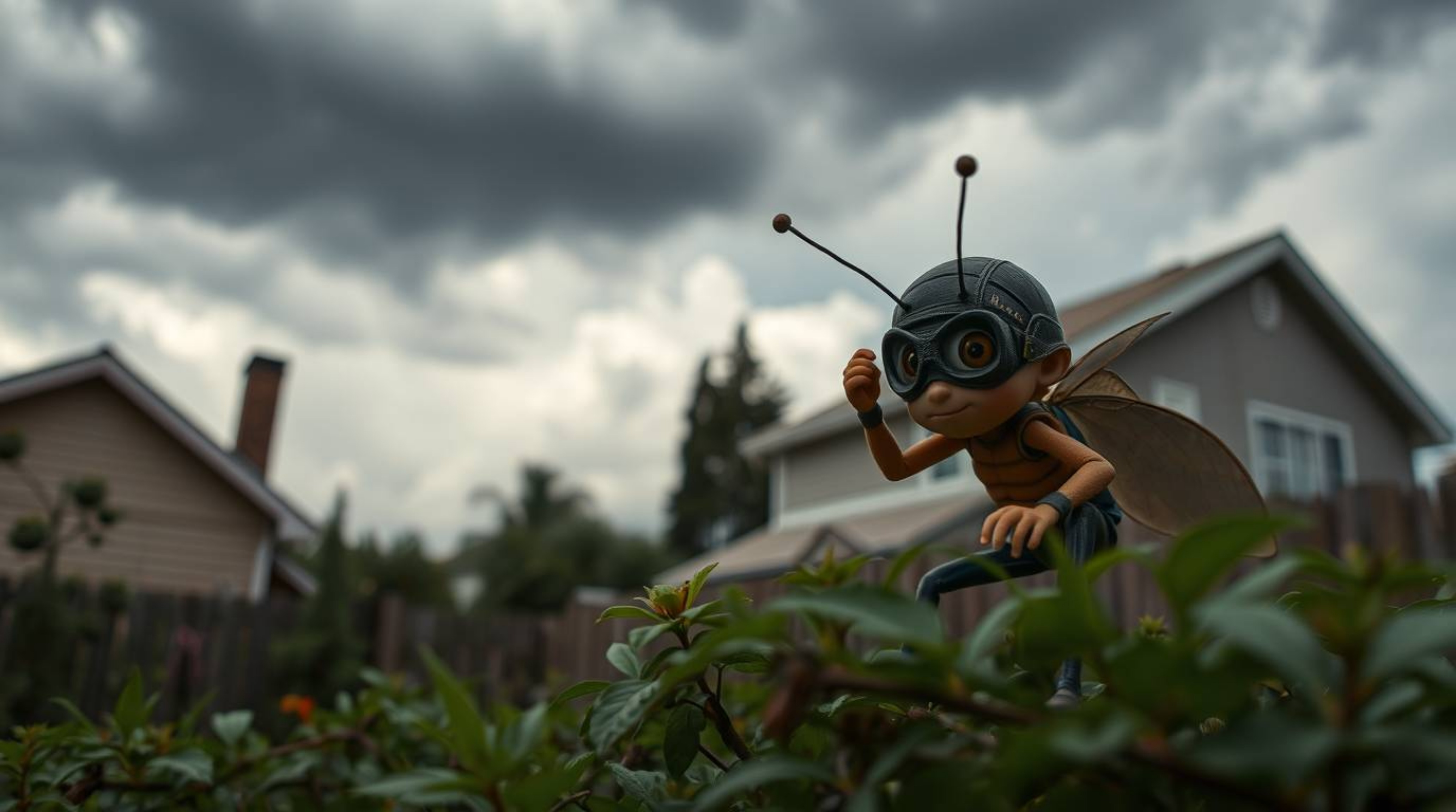 A captivating street photography shot featuring a bug-sized hero's exploration of a backyard jungle. Set against the backdrop