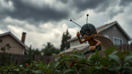 A captivating street photography shot featuring a bug-sized hero's exploration of a backyard jungle. Set against the backdrop