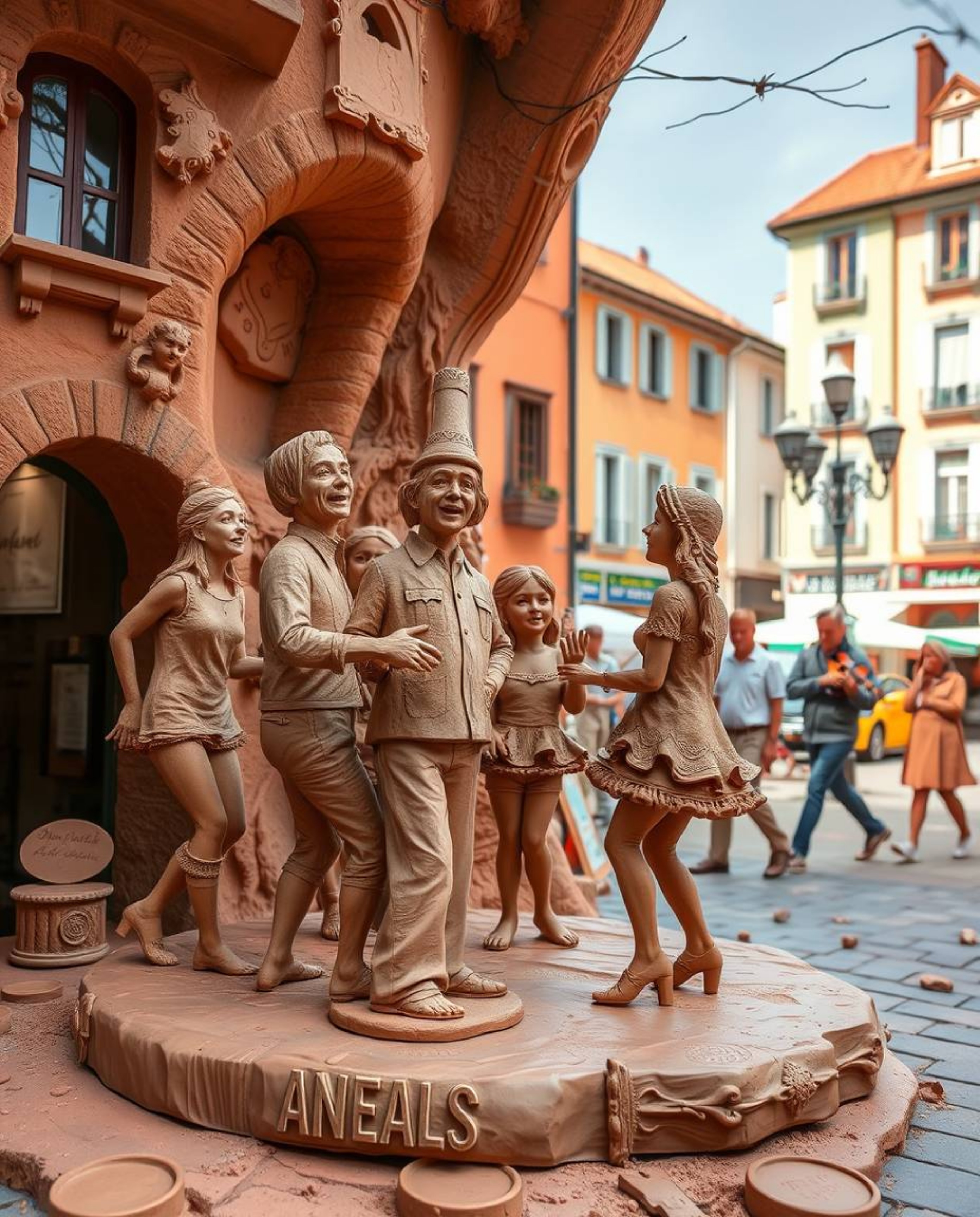 A vibrant clay sculpture depicts a dynamic musical number in a brightly lit town square.  The artwork features modeled shapes