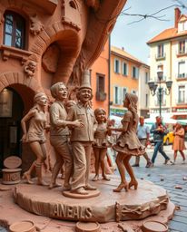 A vibrant clay sculpture depicts a dynamic musical number in a brightly lit town square.  The artwork features modeled shapes