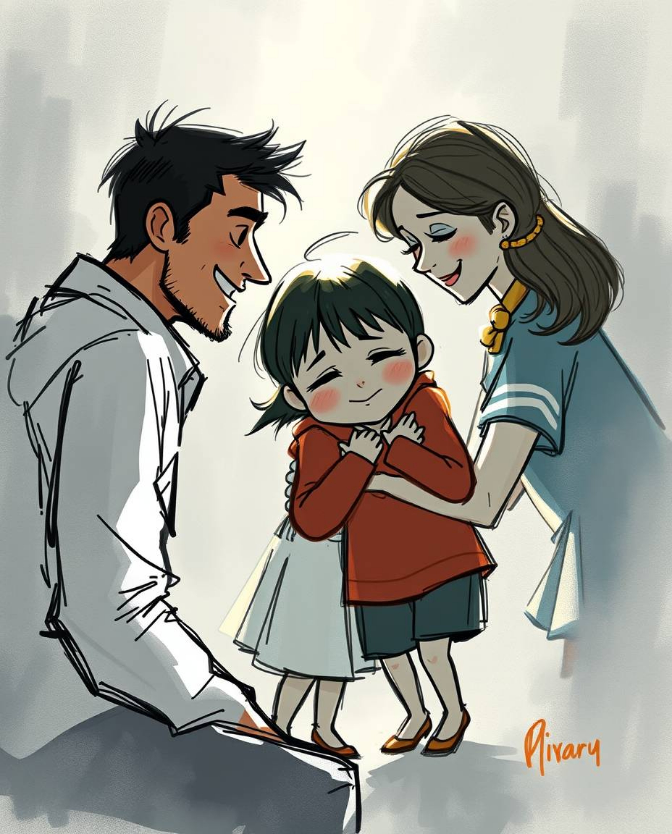 Experience a heartwarming family reunion brought to life in a dynamic digital sketch reminiscent of Pixar animation.  This ar