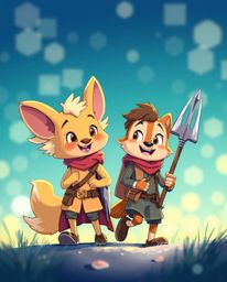 Embark on a lively adventure with a hero aided by a bright, talking animal sidekick. This vibrant illustration features a sha