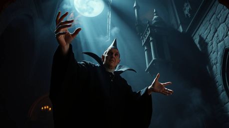 High-resolution stock photo featuring a classic Disney villain casting a spell within the dimly lit confines of an old castle