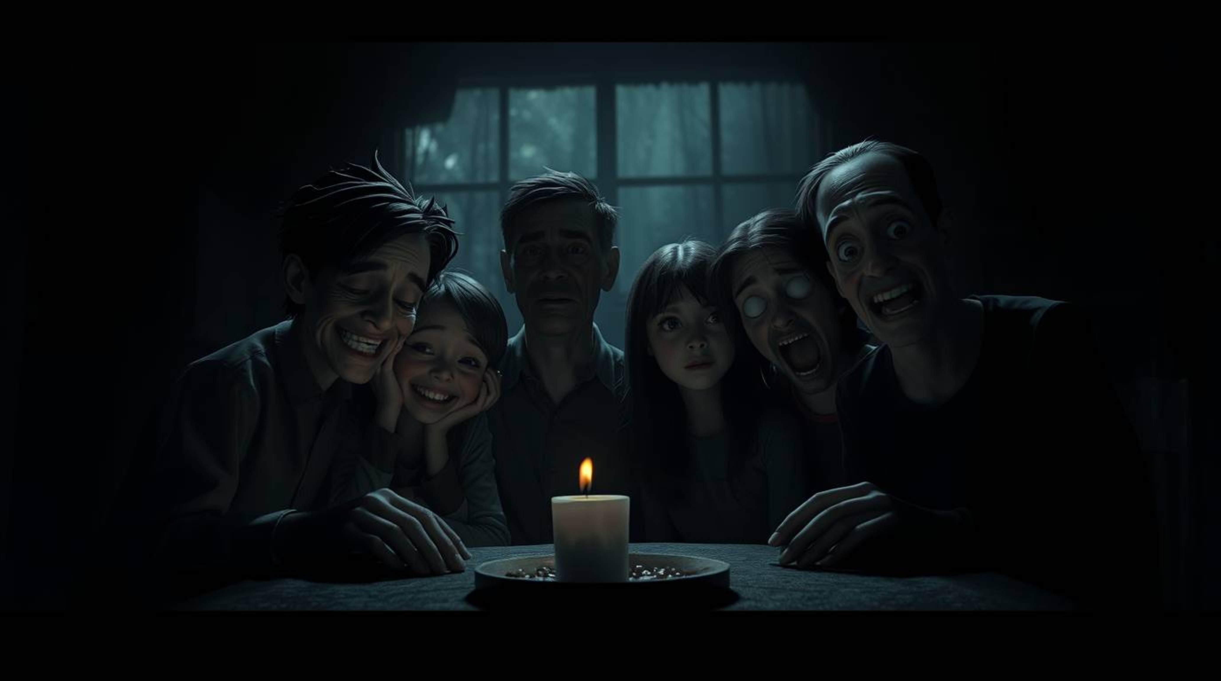 Experience an eerie and unsettling Pixar-style family reunion depicted in intense jet black, deep shadows, and dark tones. Th