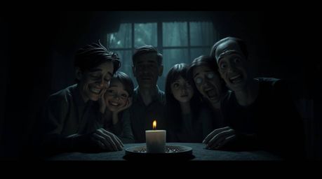 Experience an eerie and unsettling Pixar-style family reunion depicted in intense jet black, deep shadows, and dark tones. Th