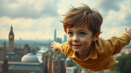 A captivating image depicting a young boy with rosy cheeks and bright eyes soaring above the London cityscape, propelled by p