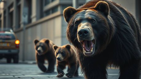 Explore the unexpected with this extreme macro close-up photograph of a bear family on an urban adventure. The image utilizes