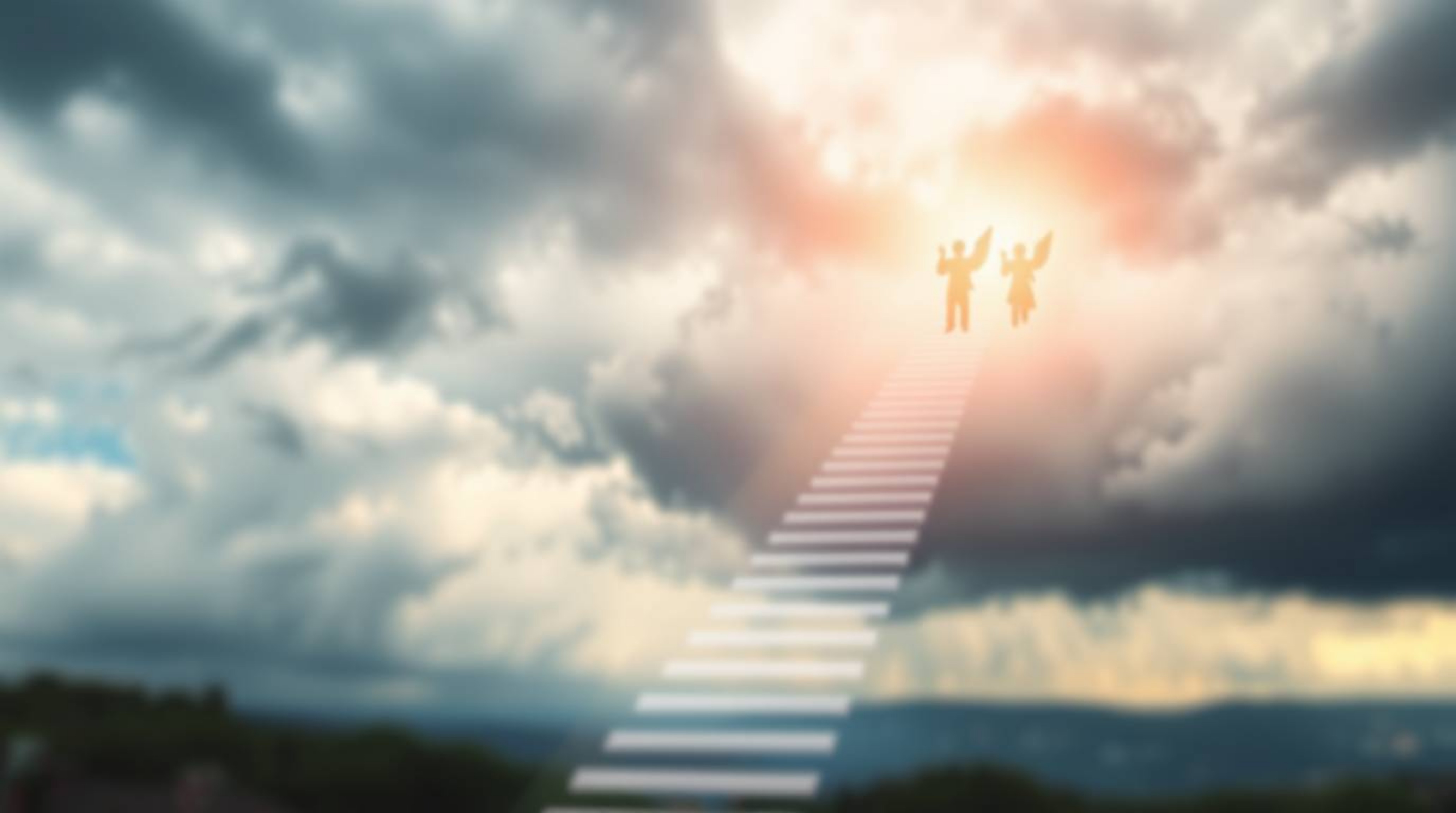 A dramatic image showcasing light steps ascending into a cloudy sky, creating a dreamlike and peaceful atmosphere despite the