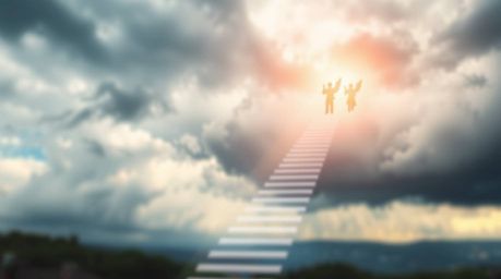 A dramatic image showcasing light steps ascending into a cloudy sky, creating a dreamlike and peaceful atmosphere despite the