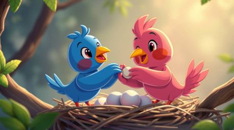 Delightful animation showcasing two cartoon birds constructing a nest in a classic style. Rendered in electric, vibrant colo