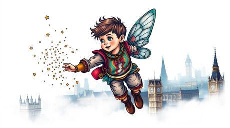 This vibrant art print features a young boy soaring above London, powered by pixie dust, rendered in a retro style with intri