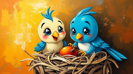A captivating acrylic painting showcases two adorable cartoon birds diligently building their nest. Rendered in a classic an