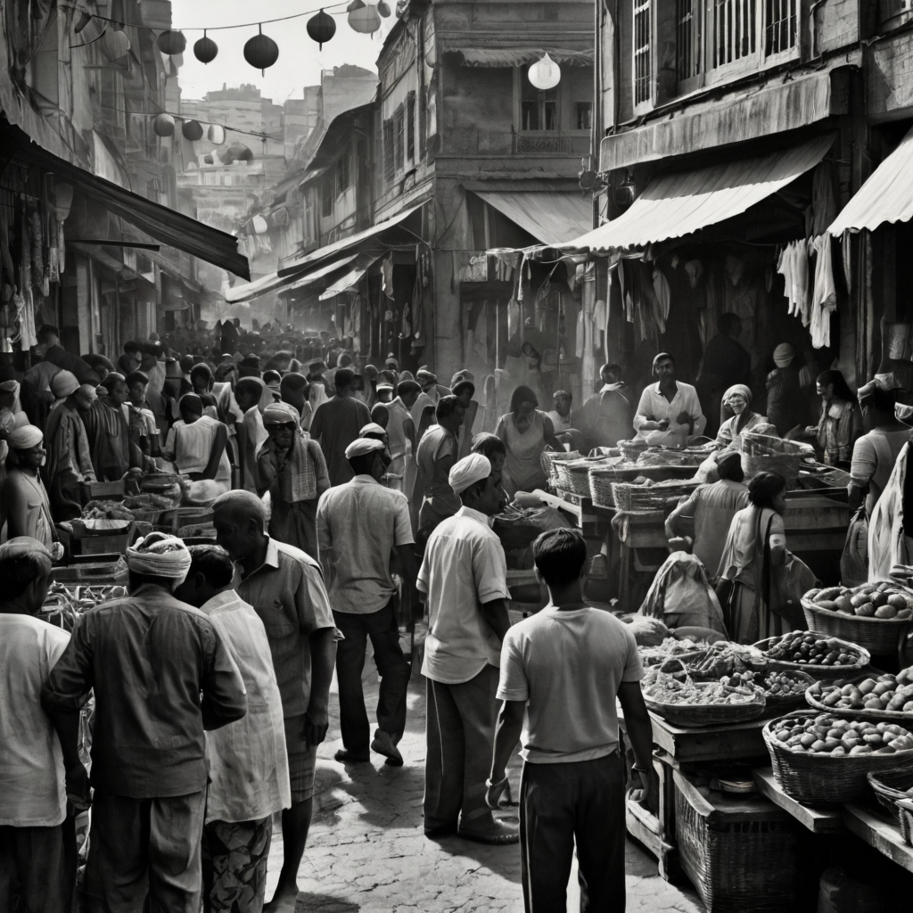 A detailed pencil sketch capturing the vibrant energy of a bustling street market. The artwork features intricate shading to