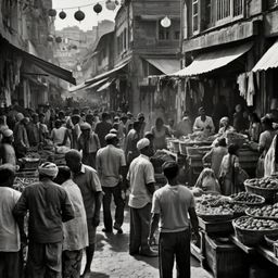 A detailed pencil sketch capturing the vibrant energy of a bustling street market. The artwork features intricate shading to 