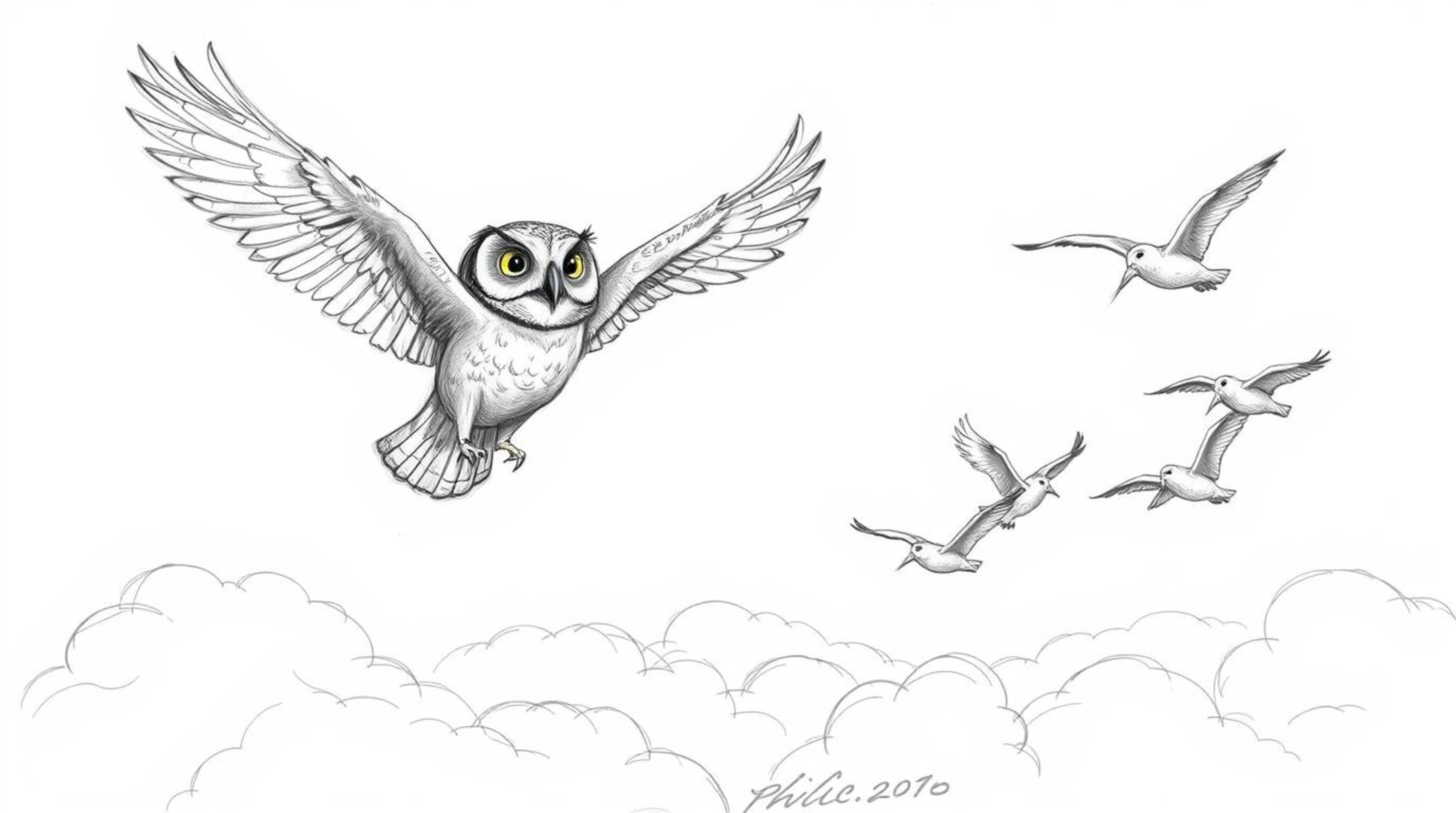 A heartwarming image of a blind owl, confidently rendered in a hand-drawn sketch with textured pencil strokes, guides a flock