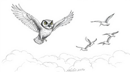 A heartwarming image of a blind owl, confidently rendered in a hand-drawn sketch with textured pencil strokes, guides a flock