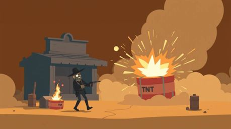 Experience a classic exploding TNT gag set in the Wild West, brought to life with modern flat design techniques. This illustr