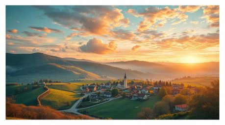 Experience the tranquility of a cozy village nestled in a picturesque valley, viewed from a breathtaking high-angle perspecti