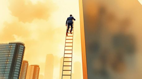 A delicate watercolor painting depicts a businessperson ascending a transparent ladder into a breathtaking golden hour sky ab